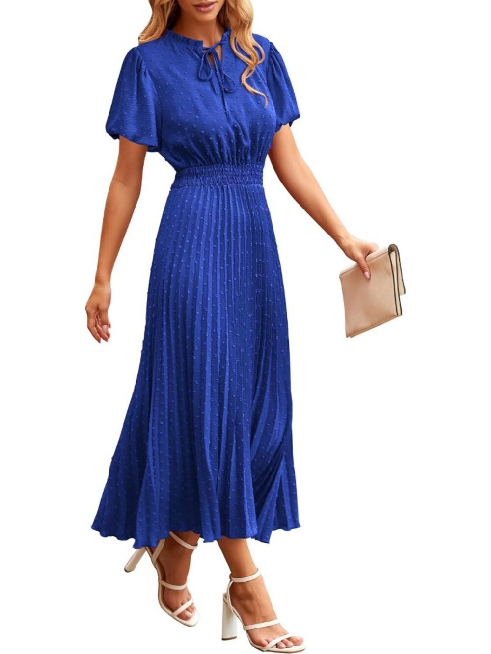 Summer Midi Dress for Women | Puff Sleeve, V-Neck, Swiss Dot, A-Line, Flowy